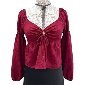 Burgundy Bell Sleeve Peplum Babydoll Peasant Crop Top Romantic Whimsigoth Size M